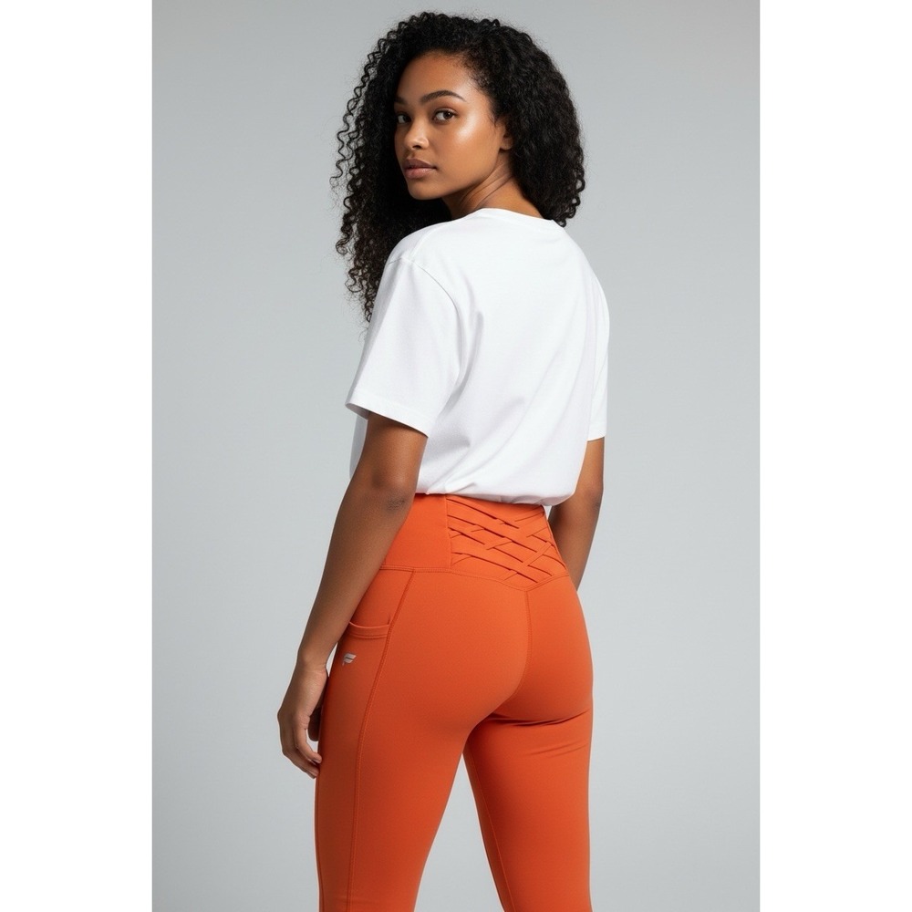 Fabletics PowerHold Orange Leggings Est S High Rise Lattice Back Crop